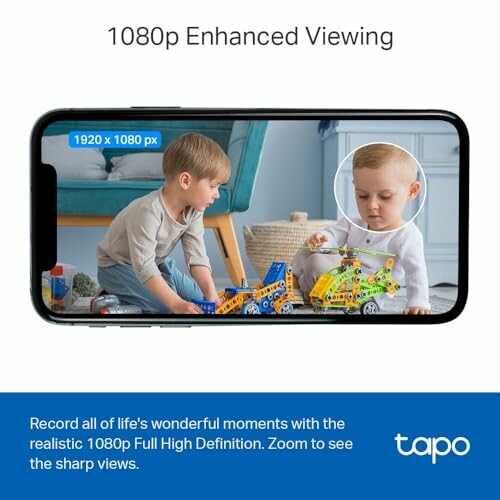 Children playing with toys on a smartphone screen showcasing 1080p resolution.