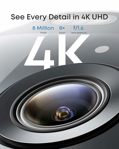 Close-up of a camera lens with 4K UHD details.