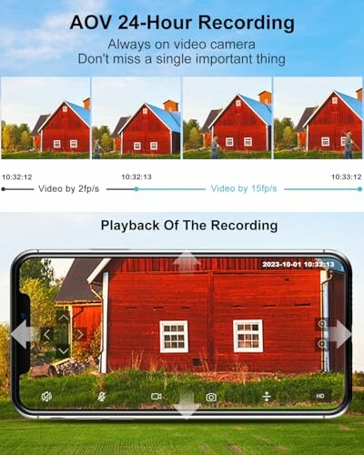 AOV camera recording and playback interface showing a red house.