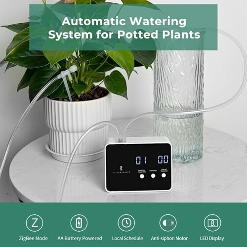 Automatic watering system for potted plants with digital display.