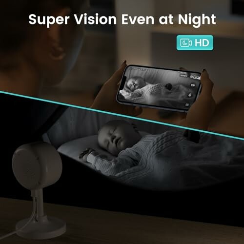 Baby monitor showing night vision of a sleeping baby.
