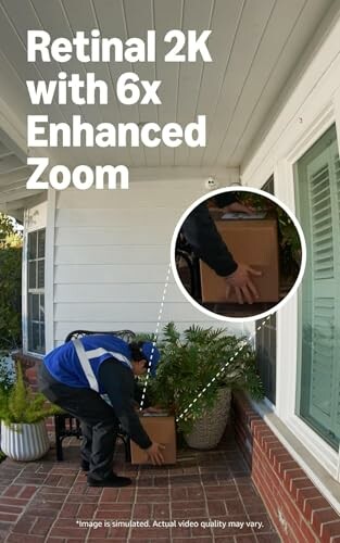 Delivery person placing package on porch, showcasing camera zoom capability.