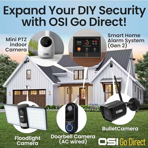 Various OSI Go Direct security products including cameras and a smart home alarm system.