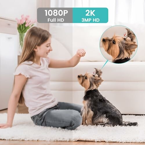 A girl training a small dog indoors.