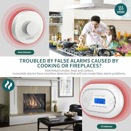 Image of heat and carbon monoxide detectors in a home setting with a family cooking and a fireplace.
