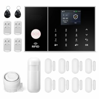 Home security alarm system with keypad, sensors, and remotes.
