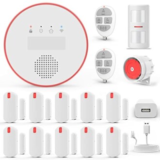 Components of a home security system including sensors, remote controls, and alarms.