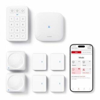 Home security system components including keypad, sensors, and smartphone app.