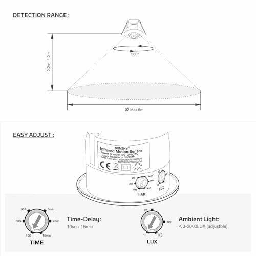 Diagram showing infrared motion sensor detection range and adjustment features.