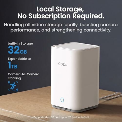 Local storage device with 32GB built-in, expandable to 1TB, no subscription required.