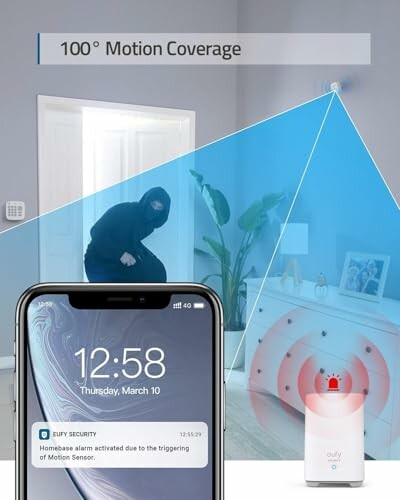 Motion sensor alarm system demonstrating detection with smartphone notification.