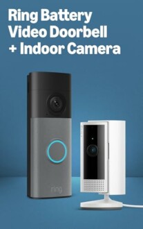 Ring Battery Video Doorbell and Indoor Camera on blue background.