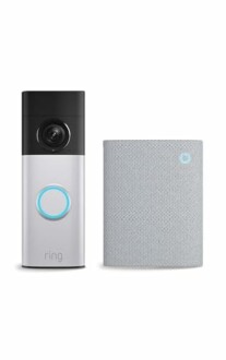 Ring doorbell next to a smart speaker.