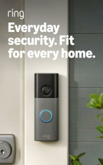 Ring video doorbell mounted on wall.