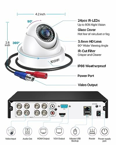 Security camera with IR LEDs and DVR connections.