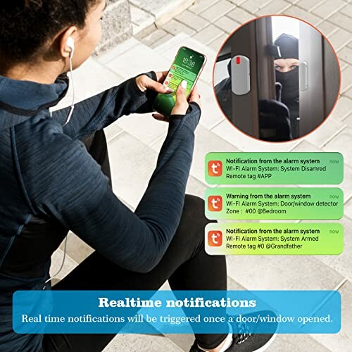 Person receiving security system notifications on phone