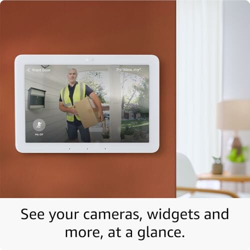 Smart display showing a security camera feed of a delivery person.