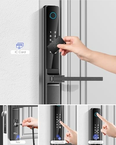 Smart door lock with IC card, key, passcode, and fingerprint access.