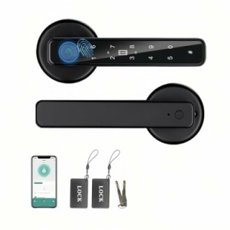 Smart door lock with fingerprint scanner, mobile app, and key cards.