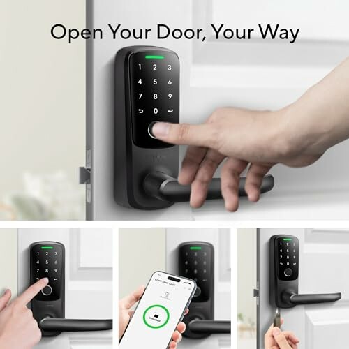 Smart door lock with keypad and smartphone app.