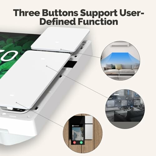 Smart home control panel with customizable buttons for various functions.