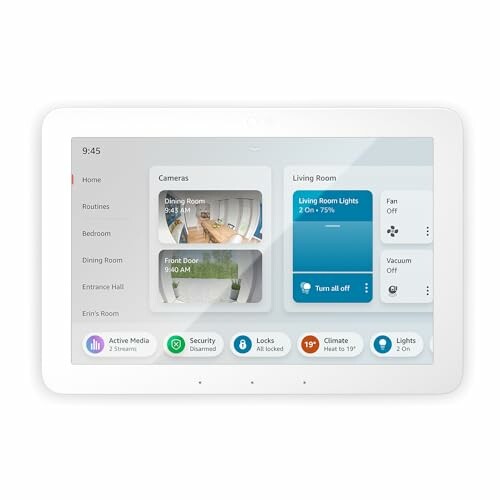 Smart home control panel displaying camera feeds and device controls.