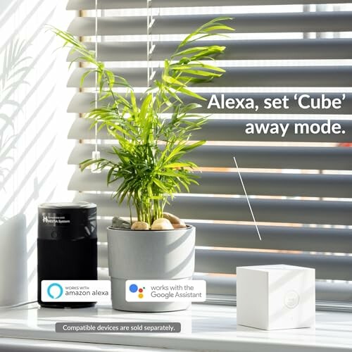 Smart home device with voice assistant compatibility near a plant and window blinds.