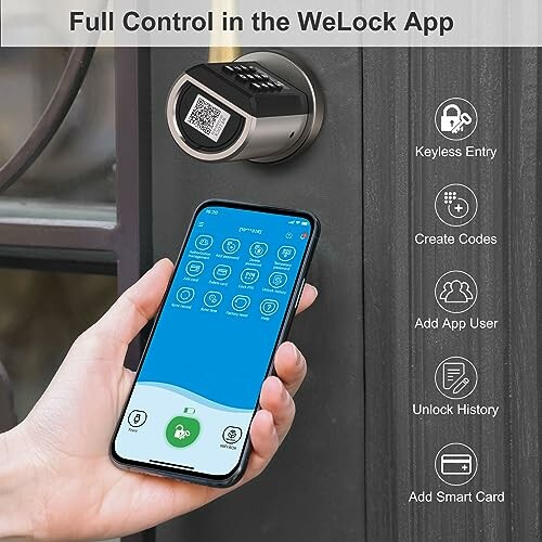 Smart lock controlled by smartphone app with features displayed.