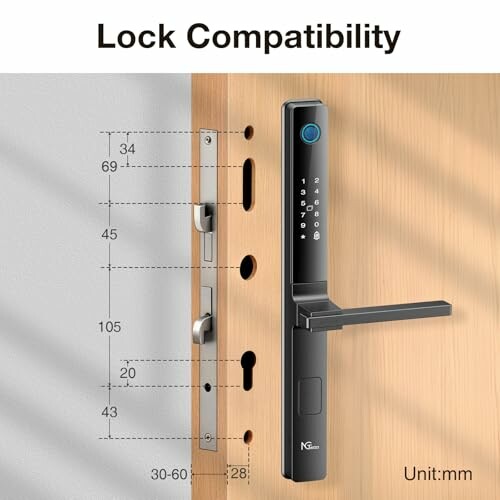 Smart lock compatibility diagram with measurements in millimeters.