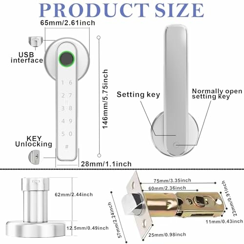 Dimensions and features of a smart lock with USB interface and setting key.
