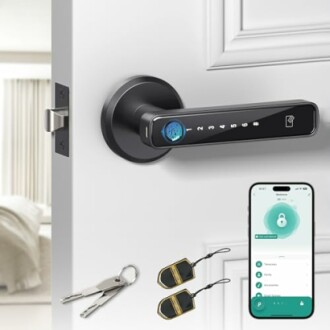 Smart lock door handle with keys, key fobs, and smartphone app.