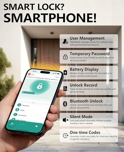 Hand holding smartphone with smart lock features displayed.
