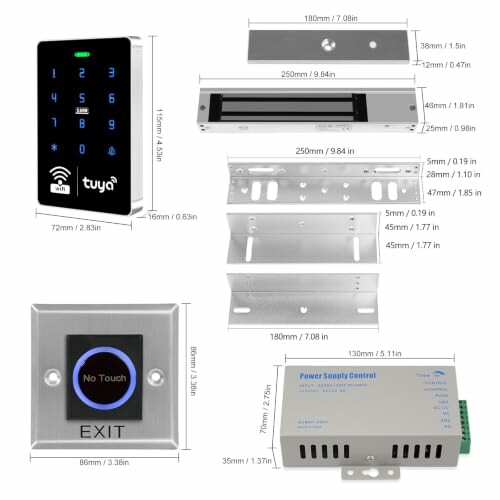 Components of a smart lock system with measurements.