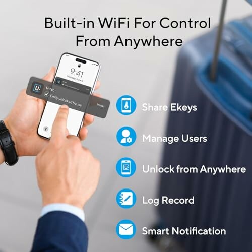 Person using smartphone app to control smart lock with suitcase in background.