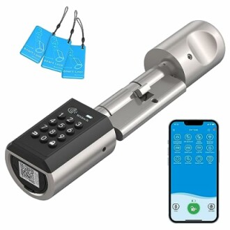 Smart lock with keypad, smartphone app interface, and keycards.