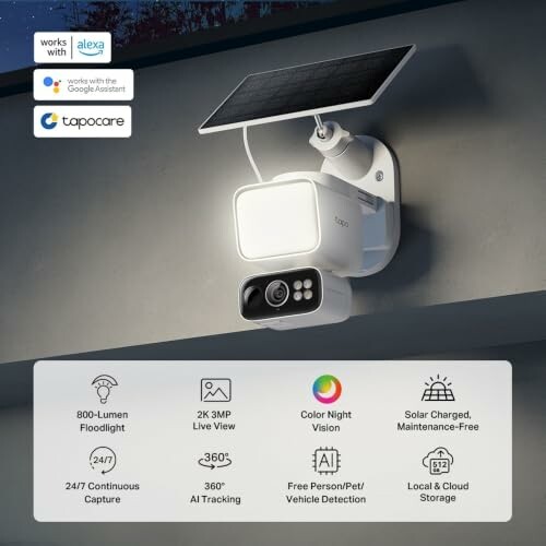 Solar-powered security camera with floodlight and smart home compatibility.