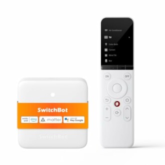 SwitchBot smart remote and hub with voice assistant compatibility.