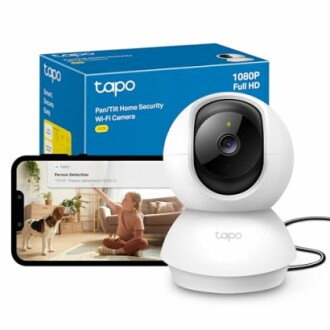 Tapo Pan/Tilt Home Security Wi-Fi Camera with packaging and smartphone display.