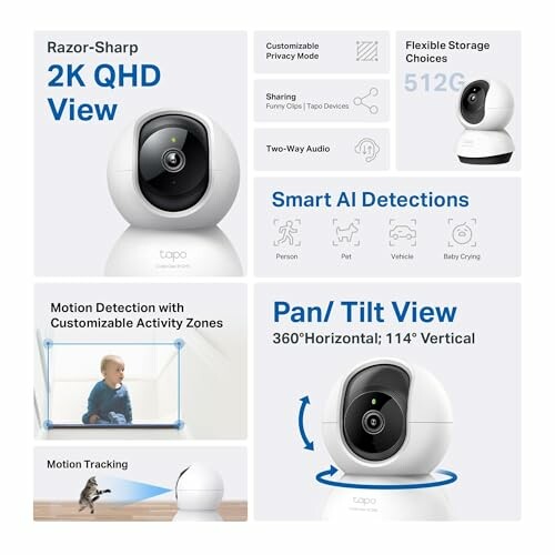 Infographic of Tapo smart camera features including 2K QHD view, AI detections, and pan/tilt capabilities.