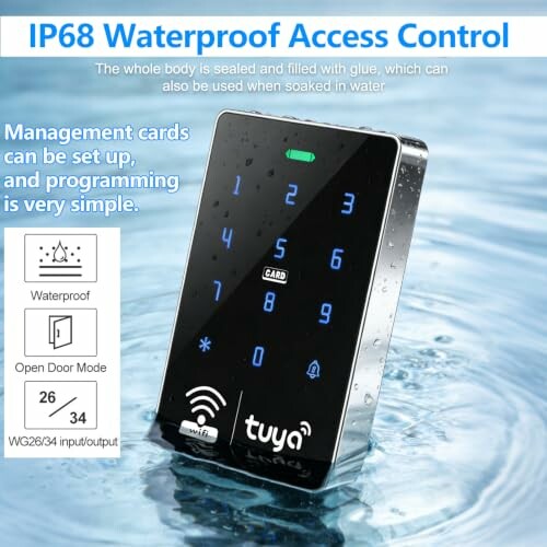 Waterproof access control device with numeric keypad and card access features.