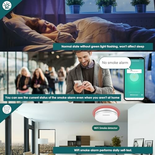 Collage showing benefits of a WiFi smoke alarm, including no disturbance during sleep, remote status checking, and daily self-test.