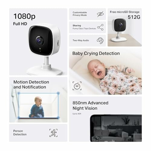 Wireless security camera with features including 1080p HD, baby crying detection, motion detection, night vision, and free microSD storage.