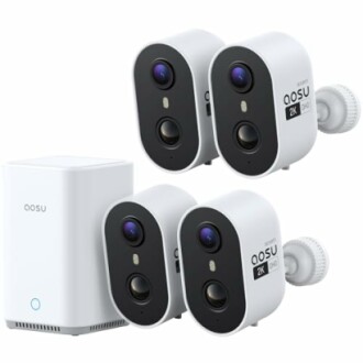 Set of three wireless security cameras with a base unit.